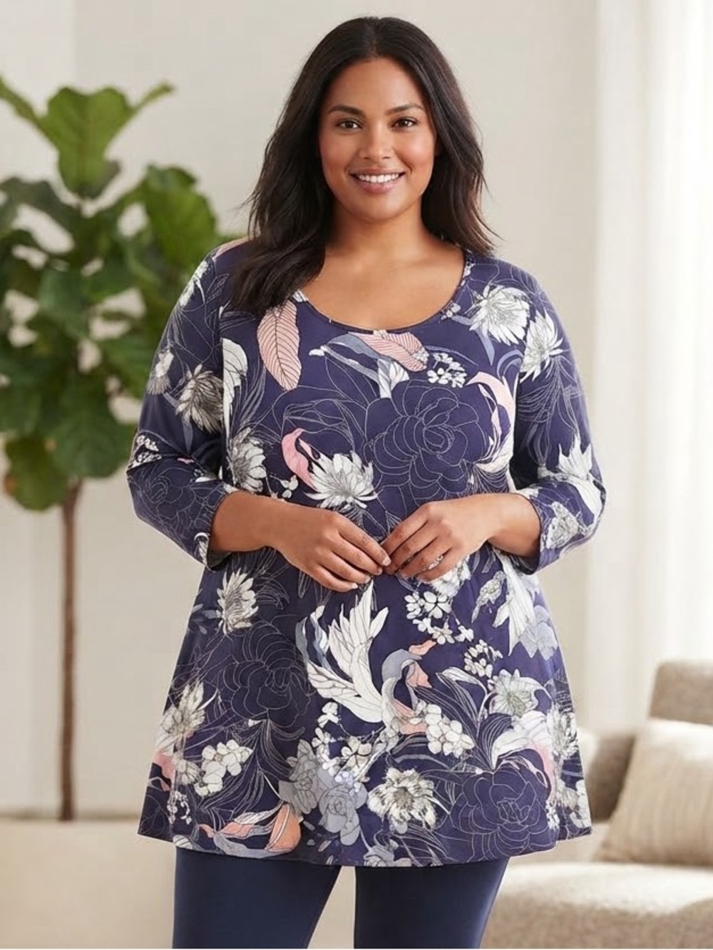 Avenue Navy Floral Scoop-Neck Tunic with Pink and White Accents